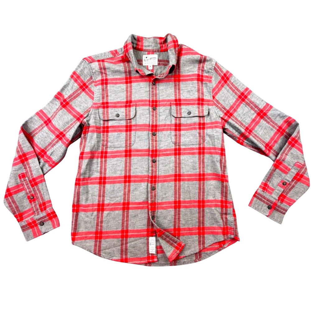 Lucky Brand Mens Saturday Stretch Plaid Flannel Shirt Gray Red Medium